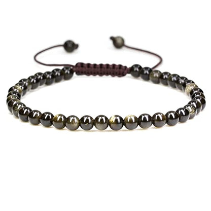 Keleny Natural Gemtones 4mm Round Beads Crystal Adjustable Braided Macrame Tassels Bracelets Unisex - color: Golden Obsidian