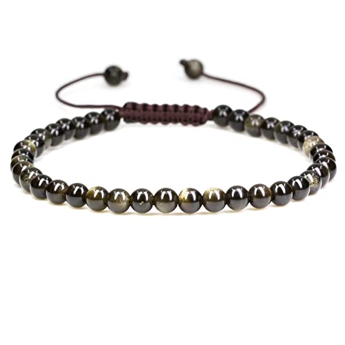 Keleny Natural Gemtones 4mm Round Beads Crystal Adjustable Braided Macrame Tassels Bracelets Unisex - color: Golden Obsidian