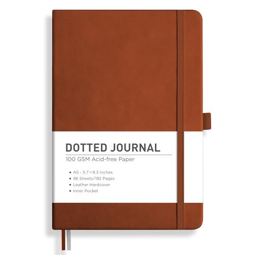 RETTACY Dotted Journal Notebook, 192 Pages, A5 Medium Size (5.7'' x 8.3''), Leather Hardcover, 100 GSM Thick Paper, for Journaling, Planning, Tracking (Brown) - color: Brown, style: Dotted