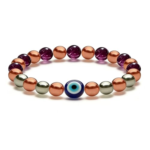Unique Magnetic Therapy Bracelet, Lucky 7 Power Healing Crystals & Copper Bracelet, Evil Eye Aura Shield Energy Protection, Wellness Jewelry Gift for Men Women - color: Black and Purple