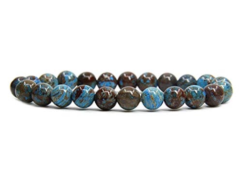Angelstones Handmade Natural Healing Gemstone 8mm Round Beads Stretch Crystal Bracelet 7 Inch Unisex - color: Blue Wood Veins Jasper