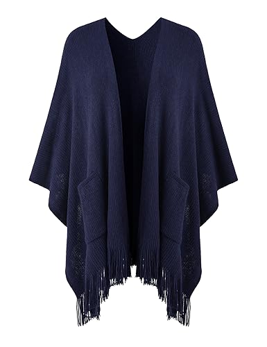 Ferand Shawl Wraps for Women, Cozy Lightweight Poncho Cape with Pockets, Warm for Fall Winter Travel - color: Navy Blue