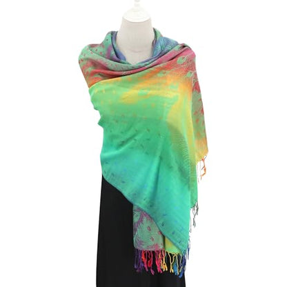 Rave Pashmina Scarf, Fashion Colorful Shawls and Wraps Soft Festival Scarves - color: B-green (Feather Pattern)