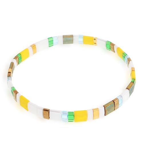 Tila Flat Beaded Stretch Bracelets for Women, Trendy Unique Handmade Stackable Green Blue Square Beads Miyuk Link Bracelet Summer Jewelry Gift - color: Yellow White