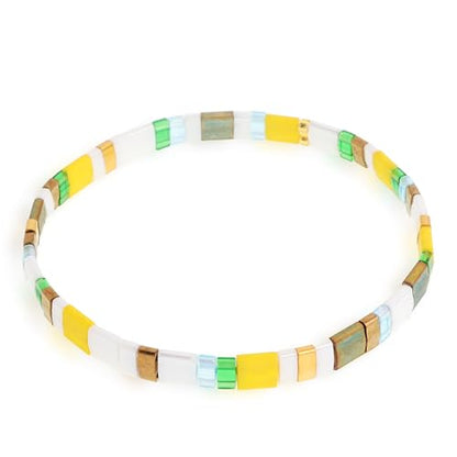 Tila Flat Beaded Stretch Bracelets for Women, Trendy Unique Handmade Stackable Green Blue Square Beads Miyuk Link Bracelet Summer Jewelry Gift - color: Yellow White