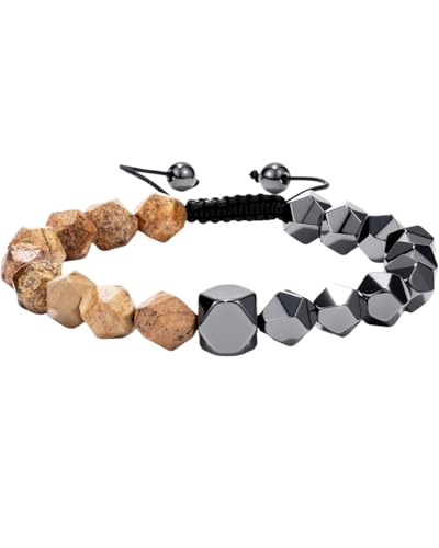 Beaded Bracelet for Men, 10mm Natural Stones Bracelet for Men's Gift, Adjustable Precision-Cut Gemstone Crystal Healing Bracelet, Protection Jewelry Gift with Hematite, Tiger Eye - style: Picture Stone & Hematite