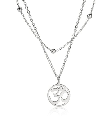 UNIFT Necklace For Women- Aum Om Ohm Sanskrit Symbol Round Pendant Beaded Double Layer Chain Charm Necklace,Hinduism Yoga Sanskrit Personalized Amulet Dainty Pendant Necklace Jewelry - color: silver