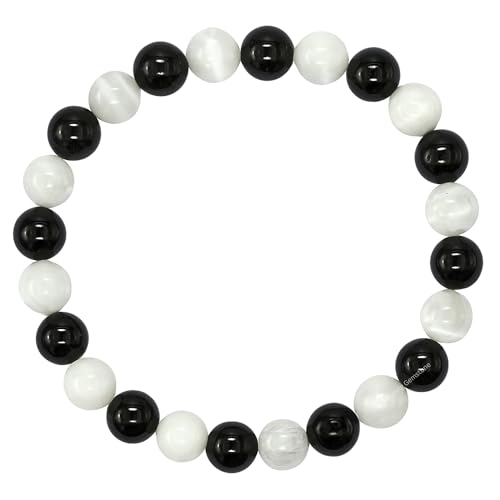 Amazing Gemstone Crystal Bracelet for Women Men's Gifts - Protection Healing Crystal Bracelet - 8mm Gemstone Beaded Stretchable Bracelet Pulseras Para Hombres Mujer Stocking Stuffers Mothers Day Gift (Black Tourmaline Selenite) - color: Black Tourmaline S