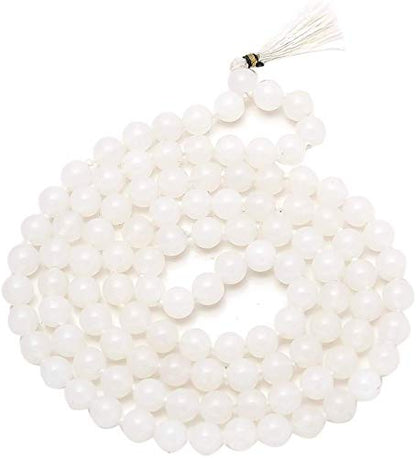 Natural AAA White Jade 108 Mala Necklace| White Jade Mala|108 Prayer Beaded Mala Necklace| Hand Knotted Mala Bracelet | Japa Mala| 8mm Round Beads| Meditation Tassel |Buddhist Mala