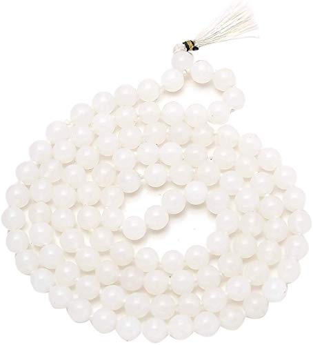 Natural AAA White Jade 108 Mala Necklace| White Jade Mala|108 Prayer Beaded Mala Necklace| Hand Knotted Mala Bracelet | Japa Mala| 8mm Round Beads| Meditation Tassel |Buddhist Mala