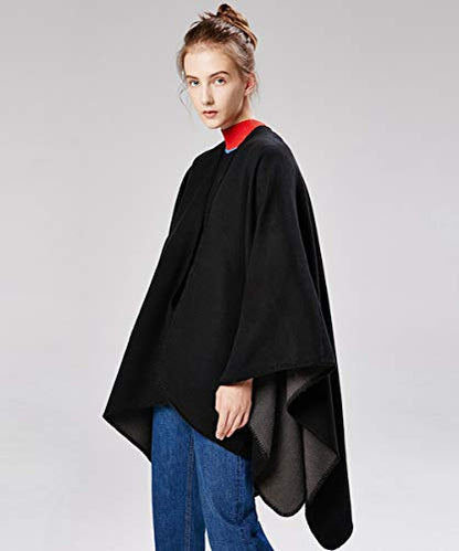 Women's Shawls and Wraps Open Front Poncho Cape Winter Sweater - color: A1- Black