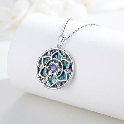 Lotus Necklaces for Women 925 Sterling Silver 7 Chakra/Yin Yang Pendant Necklace Spiritual Lotus Jewelry Birthday Yoga Gifts - style: Abalone Shell-Lotus Chakra