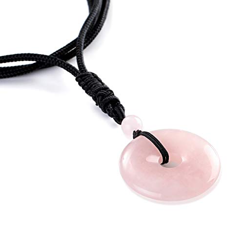 Jovivi 30mm Circle Donut Healing Crystals Necklace Natural Semi-Precious Chakra Gemstone Stone Amulet Lucky Coin Donuts Charm Protection Quartz Reiki Pendant Necklace for Men Women Adjustable Rope - color: Rose Quartz Crystal