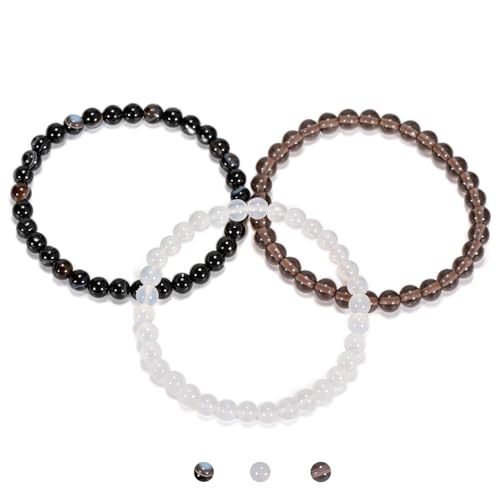 3PCS Agate Bracelet for Women Men Natural Round Beaded Agates Stone Healing Stretch Bracelets Elastic Handmade Polished Gemstone Beads Bracelet - color: White+Grey+Black White
