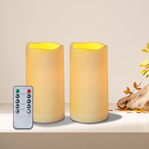 Flameless Candles 4" 5" 6" Outdoor Indoor Pillars Battery Operated Flickering Candles Include 10-Key Remote Timer 400+ Hours by 2 AA Batteries (Ivory Candle - Warm light, 3"D x 6" H - 2 Pack) - color: Ivory Candle - Warm light, size: 3"D x 6" H - 2 Pack