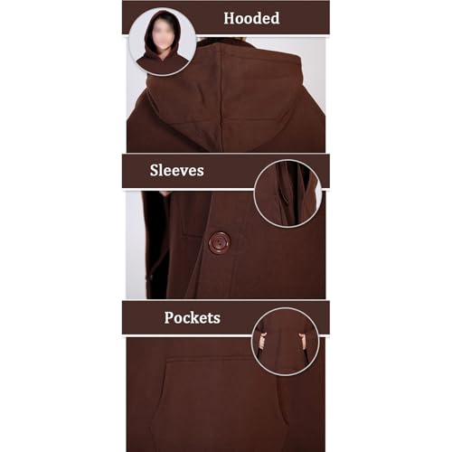 Winter Meditation Robe Buddhist Hooded Cloak Capes Warm Fleece Lined Oversize Coat with Pockets - color: Coffee, size: Large