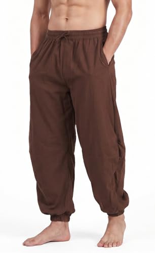 perdontoo Mens Casual Cotton Linen Pant Elastic Waist Drawstring Yoga Jogger Pants - color: Brown, size: Small
