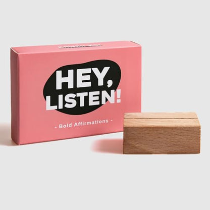 Hey Listen Affirmation Cards, 53 Daily Positive Motivational Cards with Wooden Stand, Boost Confidence, Achieve Goals, Mindfulness Inspirational Meditation Cards, Self-Care, Funny Gifts