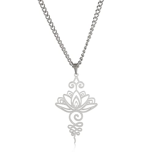 VASSAGO Buddha Lotus Necklace for Women Yoga Healing Pendant Stainless Steel Flower Necklace Buddhist Necklace Unalome Symbol Amulet Religious Jewelry - color: silver 3