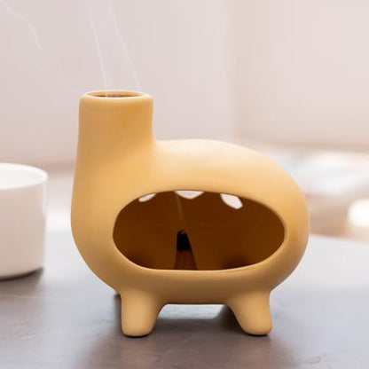 MOUGIGI Elegant Handcrafted Ceramic Palo Santo Burner-Yellow Terracotta Footed Incense Holder for Meditation,Compatible with Wood Sticks,Sage,Ash&Cones-Mini Aromatic Home Altar with Chimney Design - color: Matte Clay - Footed Yellow