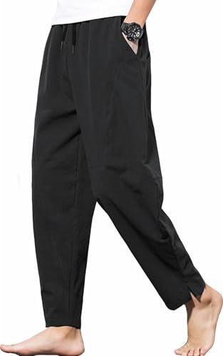 Men's Casual Cotton Linen Pants Elastic Waist Drawstring Beach Summer Lightweight Trousers - color: Black, size: 40