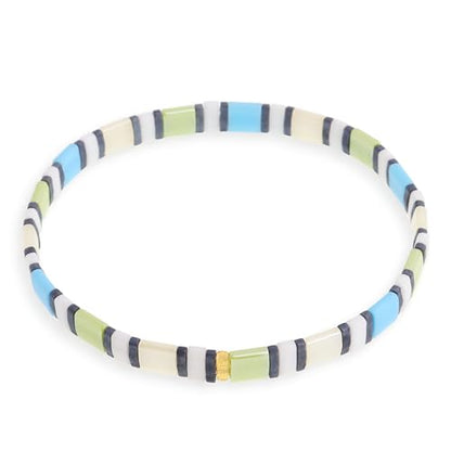 Tila Flat Beaded Stretch Bracelets for Women, Trendy Unique Handmade Stackable Green Blue Square Beads Miyuk Link Bracelet Summer Jewelry Gift - color: Turquoise Green