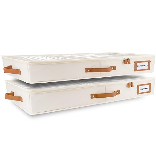 2pc Low Profile Under Bed Storage Containers, Thin Under Couch Storage Organizer with Bins & Lids, Underbed Storage Box Ideal for Seasonal Clothes, Blankets, Fabric & Shoes (Ivory) - color: 1. Ivory, size: Large Low Profile (2pc)