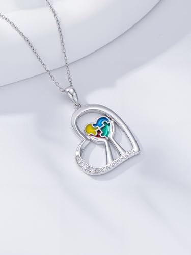Autism Awareness Necklace for Women 925 Sterling Silver Autism Puzzle Piece Pendant Necklace Inspirational Christmas Gift for Autistic - color: A+Autism