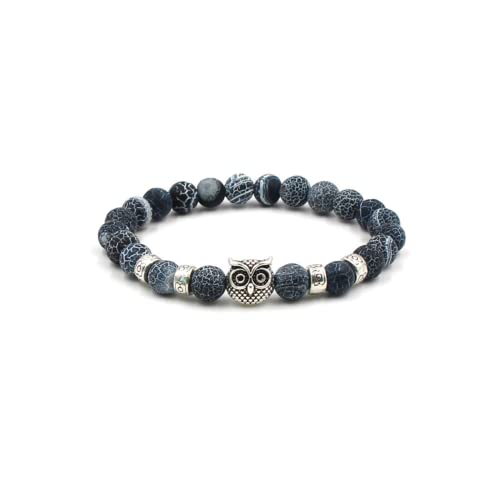 Fuqimanman2020 Natural agate Rock Owl Stretch String Healing Crystal Bracelet Energy Beaded Bracelet Set 8mm Women Gifts - color: Blue weathered agate