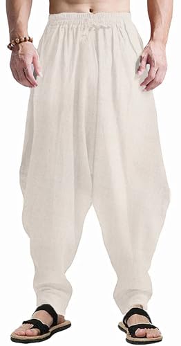 CLANMILUMS Men's Cotton Harem Pants Casual Loose Hippie Drop Crotch Trouser - color: Beige, size: X-Large