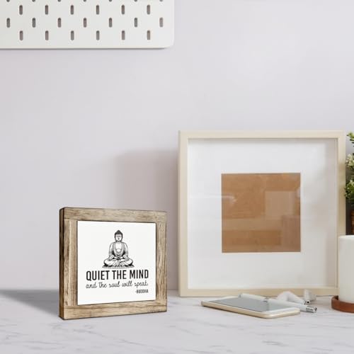 Yoga Room Meditation Room Decor, Quiet The Mind And The Soul Will Speak Sign, Zen Decoration for Home Tabletop, Motivational Decor, Farmhouse Meditation Wooden Plaque 5.9 x 5.9 Inches