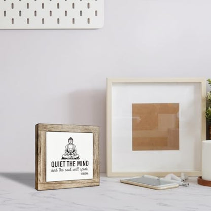 Yoga Room Meditation Room Decor, Quiet The Mind And The Soul Will Speak Sign, Zen Decoration for Home Tabletop, Motivational Decor, Farmhouse Meditation Wooden Plaque 5.9 x 5.9 Inches