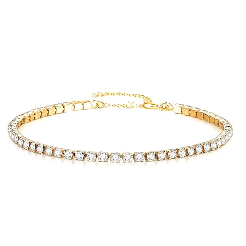 QueenBee 14K Gold or Silver Plated 2mm Cubic Zirconia Tennis Bracelet for Women - Hypoallergenic Minimalist Jewelry Gift for Birthdays, Mother's Day, Valentine's Day, and Special Occasions - color: Gold Tennis - Plain