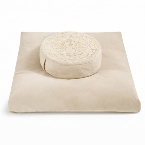 ellier Zafu & Zabuton Meditation Cushion Set - Buckwheat Hull & Memory Foam Pillows, Ergonomic Support for Yoga, Mindfulness - Organic Velvet Cover, Large Size, Durable Comfort (Khaki) - color: Khaki