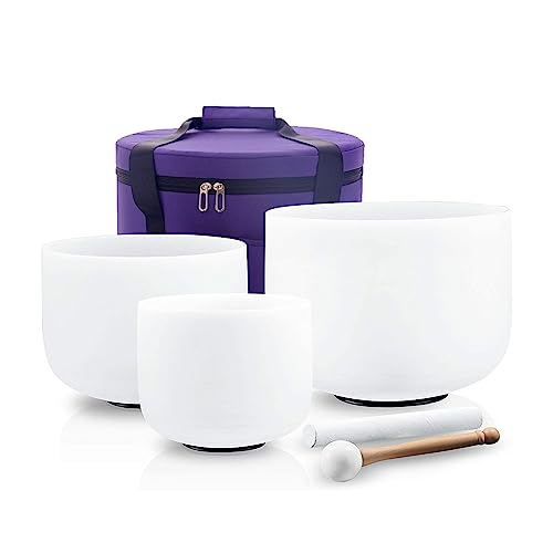 Hye-eun Crystal Singing Bowls Set, 432hz of 3pcs Singing Bowls 8-12 Inch G E C with Carrying Case for Sound Healing Meditation