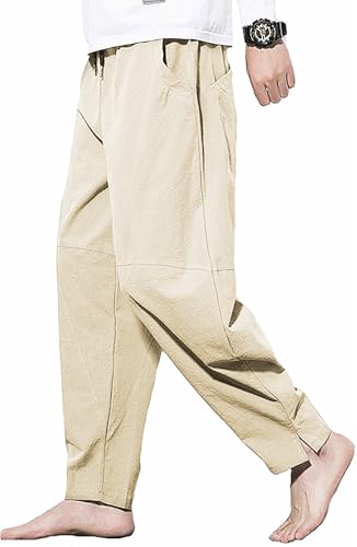 Men's Casual Cotton Linen Pants Elastic Waist Drawstring Beach Summer Lightweight Trousers - color: Khaki, size: 36