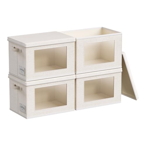 4-Pack Fabric Foldable Storage Bins Closet Storage Box with Window Decorative Storage Bins with Lids for Clothes, Closet, Books, Living Room, Beige, 15“ x 9.8” x 9.8" - color: Beige, size: L (15“ x 9.8” x 9.8")
