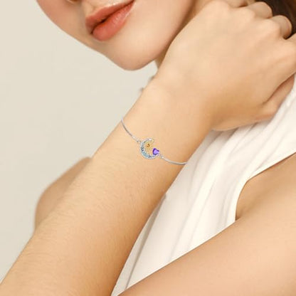 925 Sterling Silver Moon and Sun Star Adjustable Link Bracelet for Women with 12 Month Birthstone Birthday Jewelry - style: 02 - Feb.