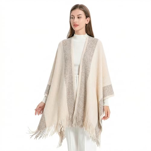 ZLYC Women's Shawl Golden Trim Knit Blanket Wrap Fringe Poncho Coat Cardigan - color: White