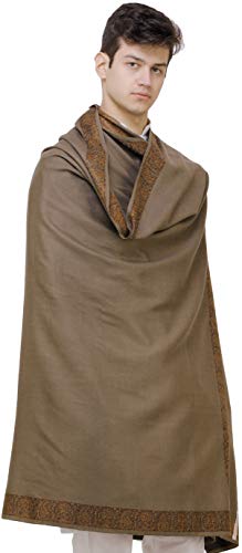 Exotic India Plain Men's Shawl with Brown Woven Border - Pure Wool - color: Otter Brown