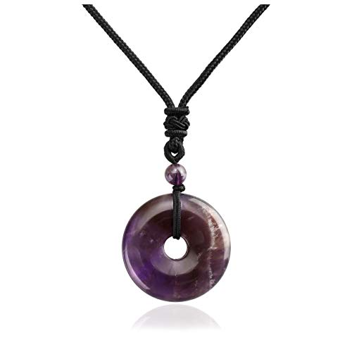 Jovivi 30mm Circle Donut Healing Crystals Necklace Natural Semi-Precious Chakra Gemstone Stone Amulet Lucky Coin Donuts Charm Protection Quartz Reiki Pendant Necklace for Men Women Adjustable Rope - color: Amethyst Crystal