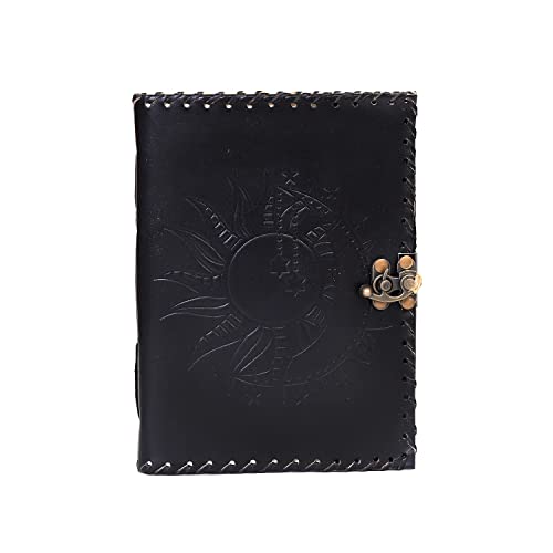 Vintage Leather Journal with Sun & Moon Design – Handmade Lock Diary Notebook, 7 x 5 Inch Writing Journal, Rustic Travel Journal for Men & Women, Gift for Writers, Sketchbook, Gratitude Journal (Black, 8x6 Inch)
