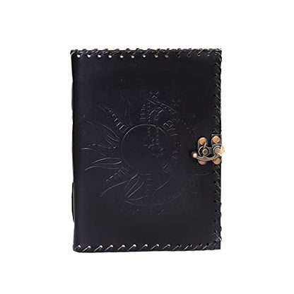 Vintage Leather Journal with Sun & Moon Design – Handmade Lock Diary Notebook, 7 x 5 Inch Writing Journal, Rustic Travel Journal for Men & Women, Gift for Writers, Sketchbook, Gratitude Journal (Black, 8x6 Inch)