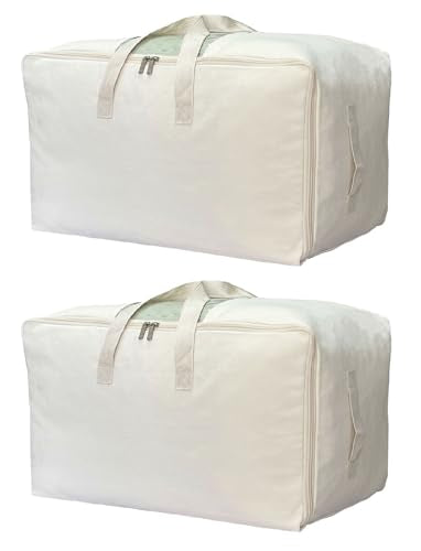 Soft Canvas Clothes Storage Bags with Four Carrying Handles and Clear Window, Closet Organizer for Clothing, Blankets Sheets and Bedding, 55L, 2 Pack, Beige - color: Beige, size: 55L - 2 Pack