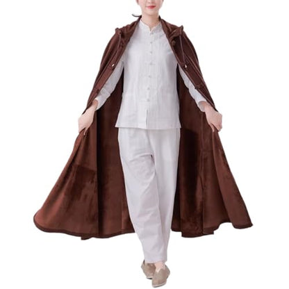 Meditation Buddhist Hooded Cloak Zen Robe Men Women Soft Warm Fleece Hooded Cape for Yoga Lounge Wear Holiday - color: Coffee, size: Large