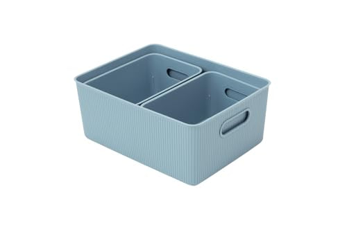 Superio Decorative Plastic Basket Open Home Storage Bins Organizer, Blue (Set of 3) 1 Large, 2 Medium - Container Boxes for Organizing Closet Storage Bins for Shelves Drawer Shelf - Ribbed Collection - size: 1 Pack, style: Bin - (2 Medium 5 Liter) + (1 la
