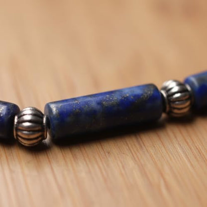 Lapis Lazuli Healing Bracelet – Real Crystal Beads for Stress Relief, Meditation & Chakra Balance – Natural Gemstone Jewelry Gift for Women & Men, Adjustable Stretch Fit - style: Tube Bead - Silver color Accent （no gift box）
