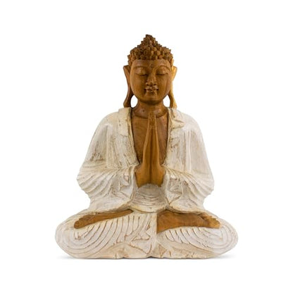 G6 Collection Wooden Serene Sitting Buddha Statue Handmade Meditating Sculpture Figurine Home Decor Accent Wood Hand Carved Modern Contemporary Oriental Buddha Anjali Mudra (8" Tall – Whitewashed)