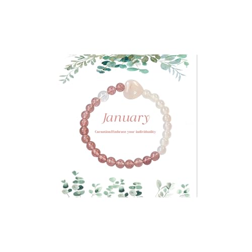 Birth Flower Crystal Bracelets for Women, Handmade Natural Gemstone Stretch Jewelry with Healing & Positive Energy - color: Jan. Carnation & Quartz