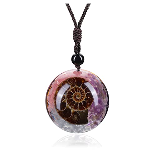 Jovivi 7 Chakra Gemstone Reki Healing Crystal Necklace Round Circle Shape Ammonite Fossil Resin Chip Stones Pendant Necklace for Women Men Life Tree Jewelry Christmas Gifts - color: Ammonite Fossil - Amethyst+Aquamarine+Rose Quartz